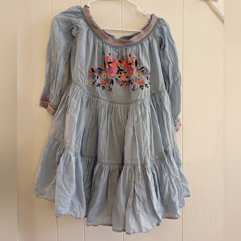 Free People Mini Dress Tunic Blue Embroidered